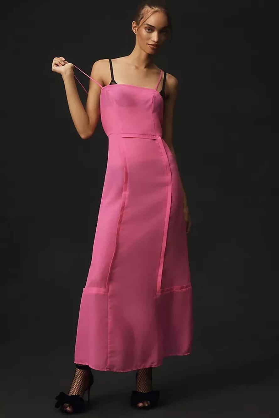 NWT By Anthropologie Sheer Paneled Midi Dress size 4 Hot Pink #B1406